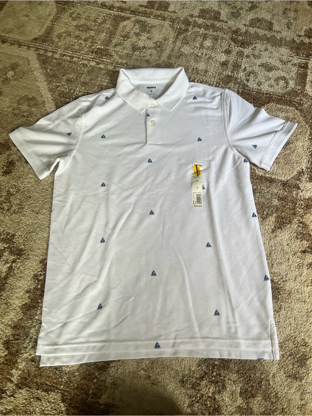 White Short-Sleeve Polo with Navy Sailboat Print
